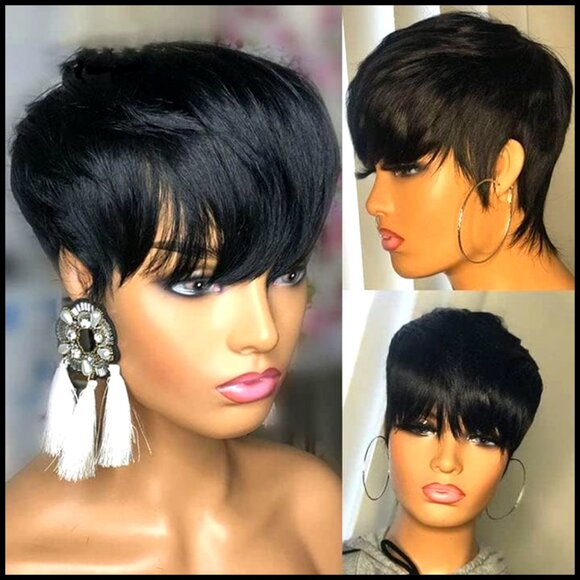 Straight Human Hair Pixie Wig Glueless Brazilian Virgin Hair With Bangs main image 4
